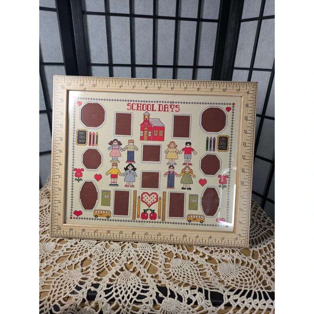 Vintage School Days Cross Stitch cottagecore Prairie Photo Frame Ruler Border